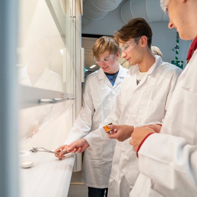 Elever jobber sammen i gruppe med forsøk i kjemien på laben på akademiet sandvika.