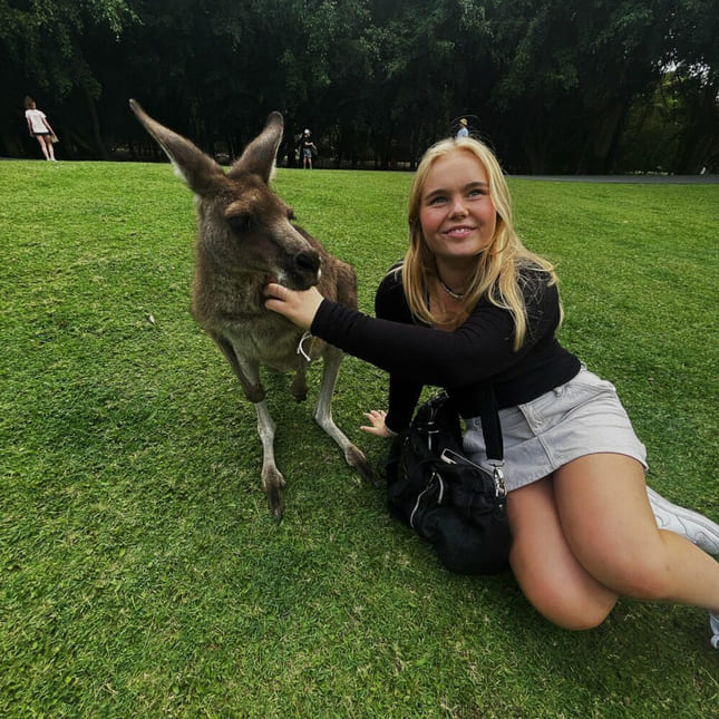 Kaia på utveksling i australis klapper en kenguru