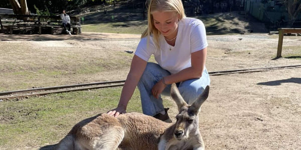 Marthea med kenguru på utveksling i Australia