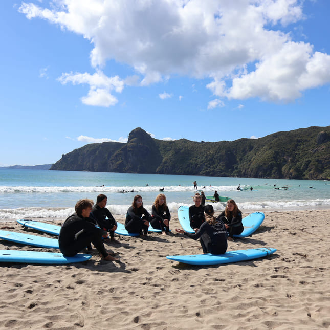 Elever har surfekurs på stranden i new zealand.