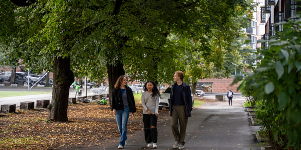 Tre elever på Akademiet VGS Heltberg Bislett går utenfor skolen
