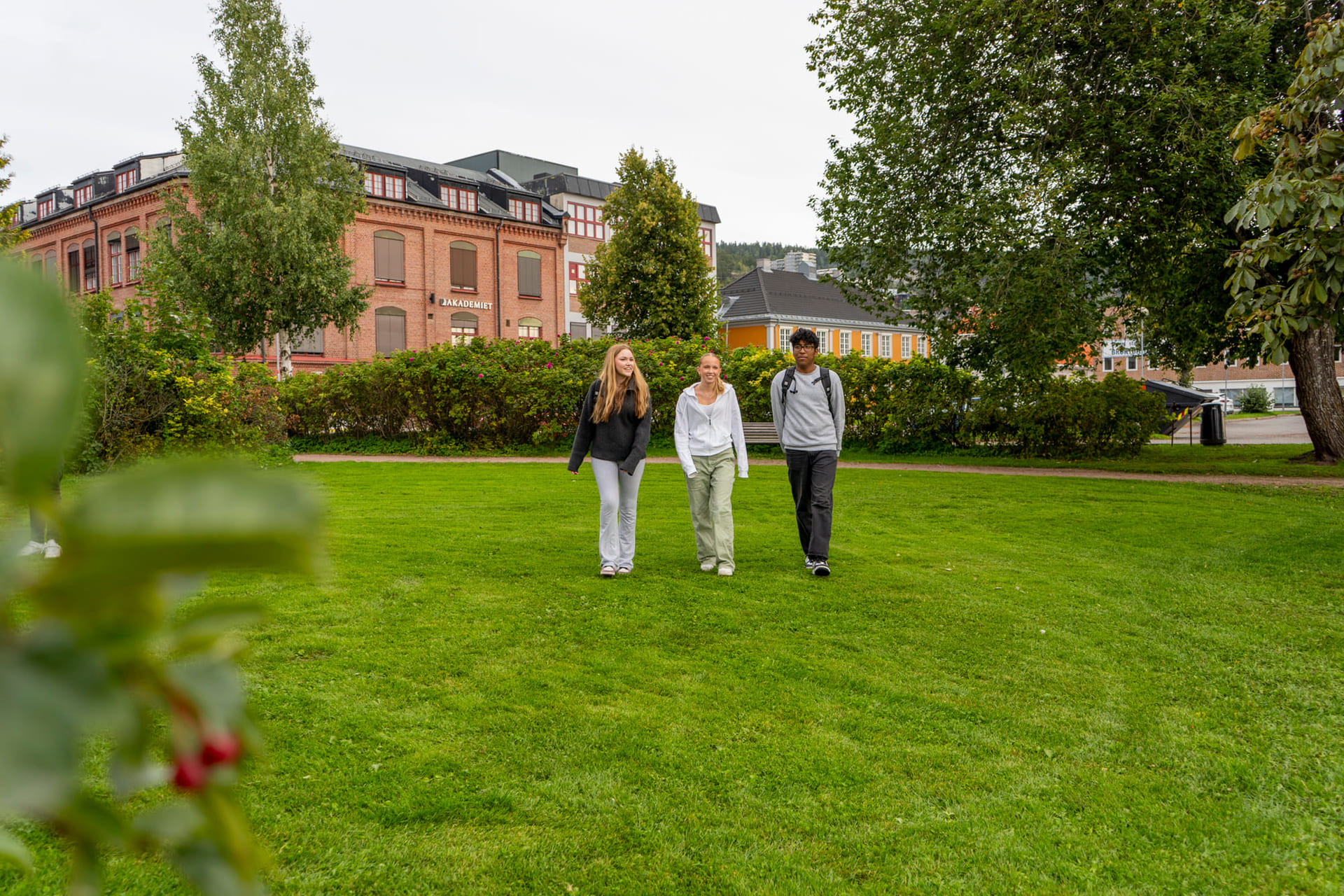 Tre elever går bortover en gressplen med Akademiet Videregående Skole i bakgrunnen