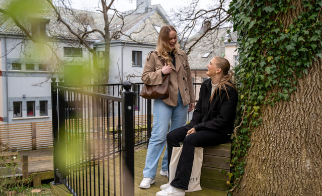 To jenter står ved et tre i en bygård