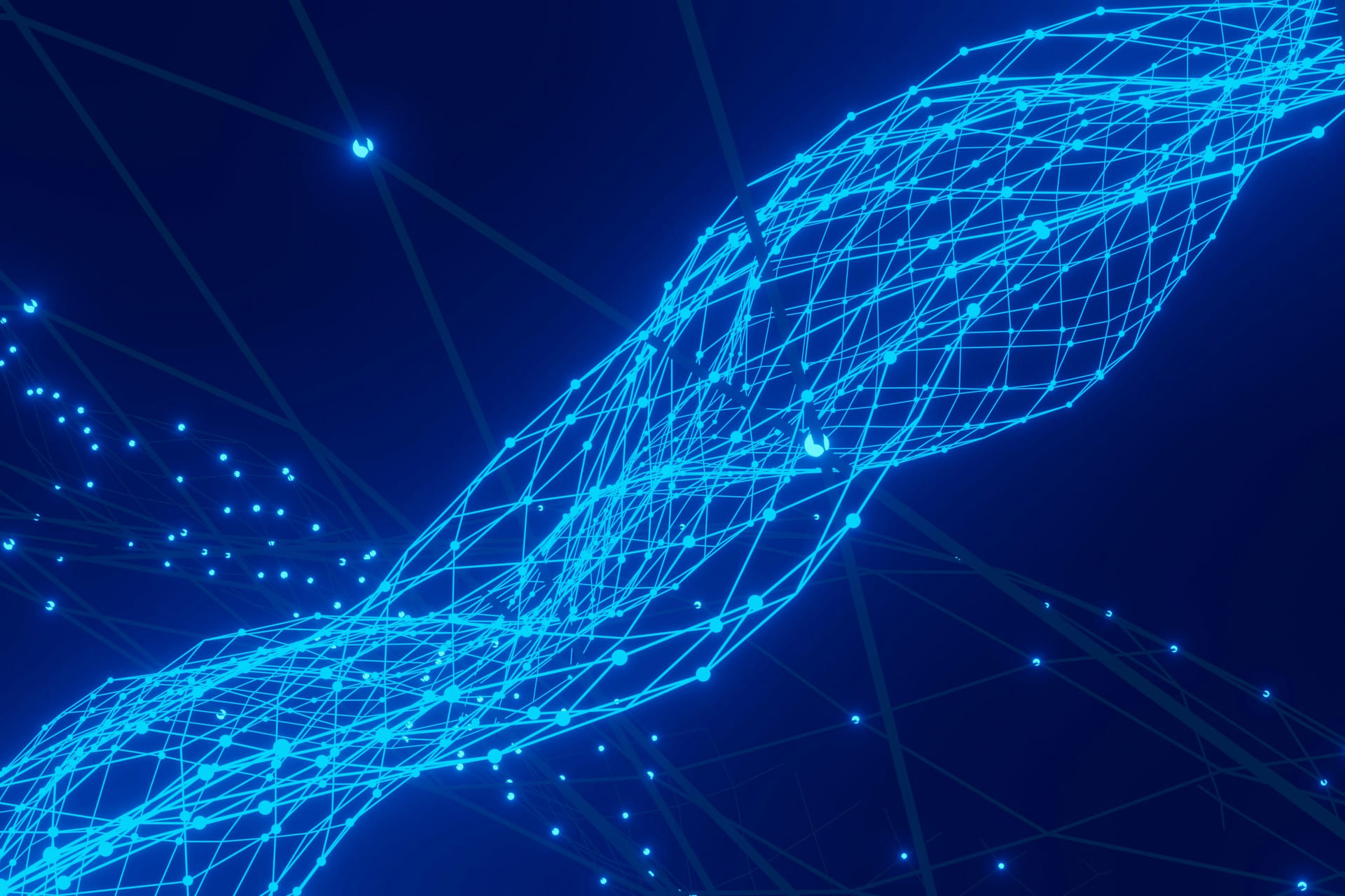 Lysende blå linjer i et slags DNA-format samlet over en blå bakgrunn.