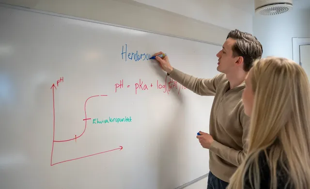 Mann som underviser kvinne i realfag på tavle