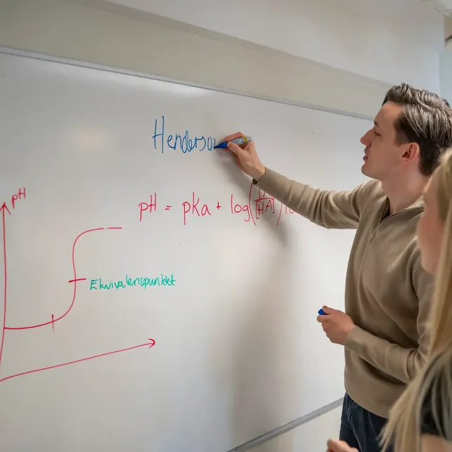 Mann som underviser kvinne i realfag på tavle